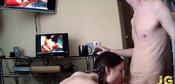  Teen Deepthroat and Jerk Off Cock Friend while He Watching Porn